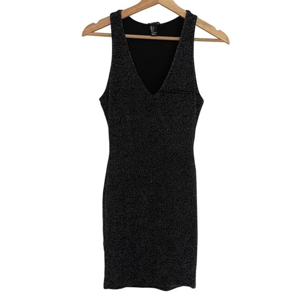 80-Forever 21 Mini Dress Womens Small Black Good Metallic Shimmer V-Neck Bodycon